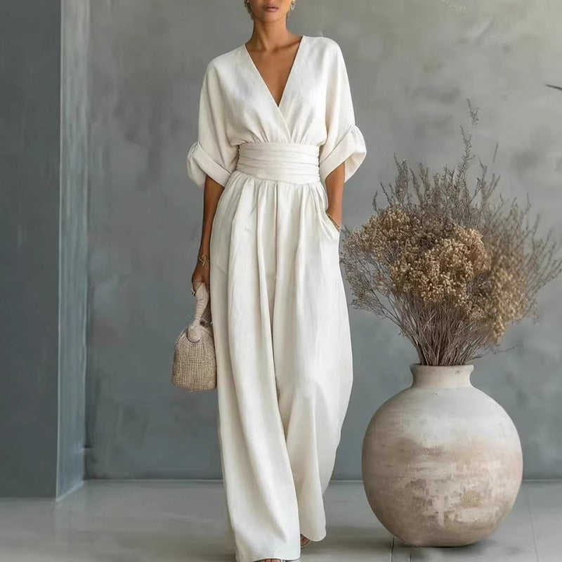 Jumpsuit met V-hals, hoge taille en wijde pijpen voor dames