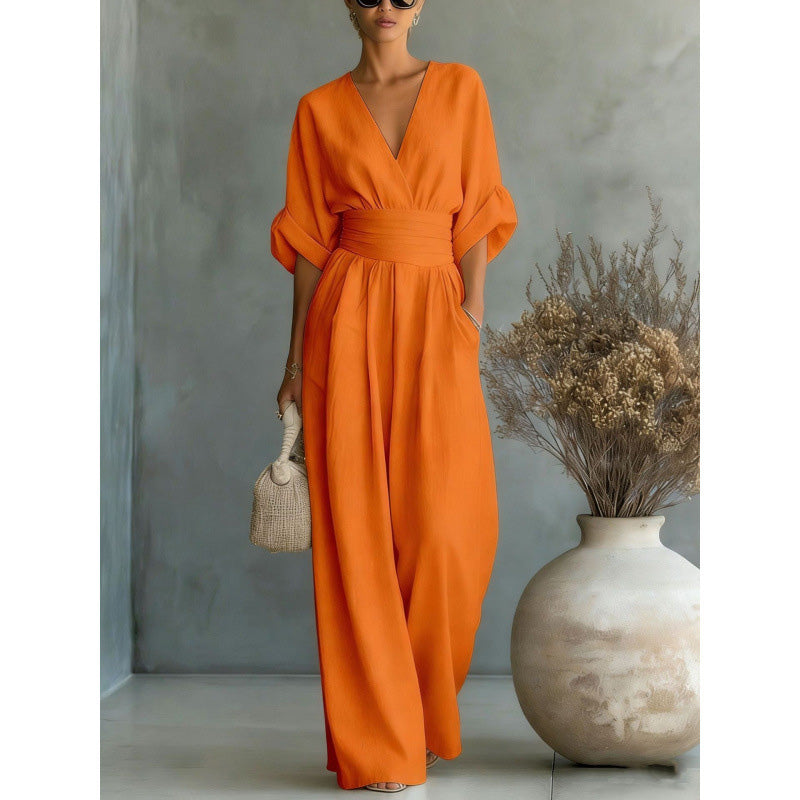 Jumpsuit met V-hals, hoge taille en wijde pijpen voor dames