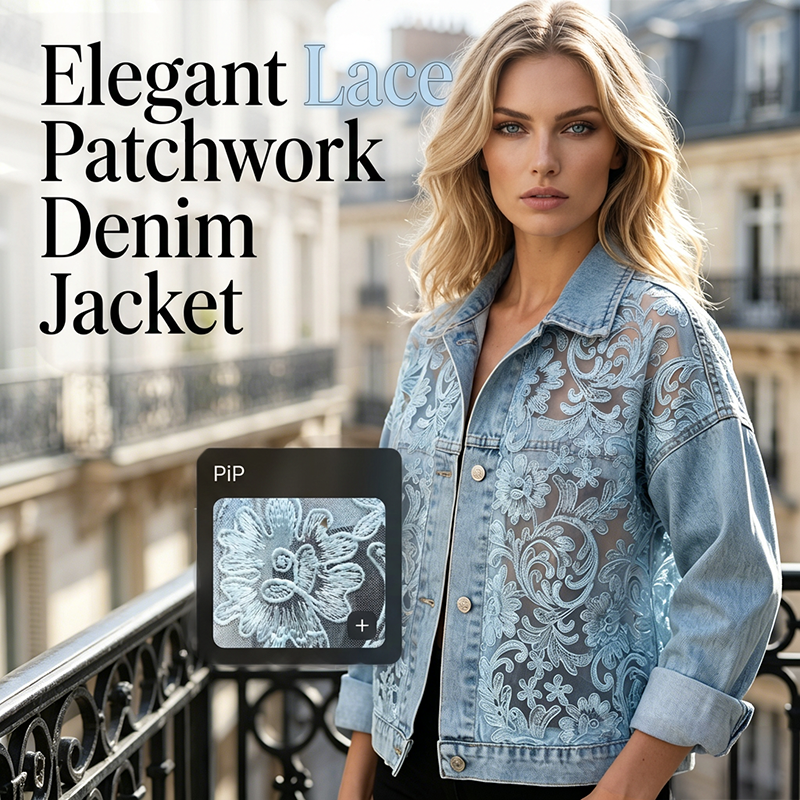 🎉50% korting voor een beperkte tijd🛒Luchtig damesjack van denim met bloemenprint en patchwork van kant