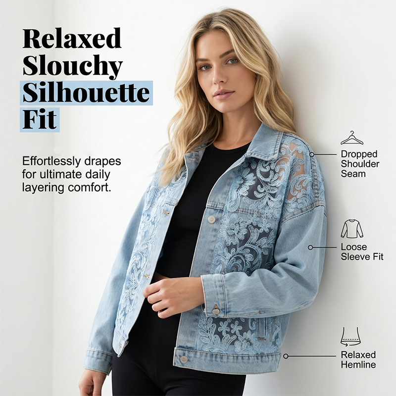 🎉50% korting voor een beperkte tijd🛒Luchtig damesjack van denim met bloemenprint en patchwork van kant