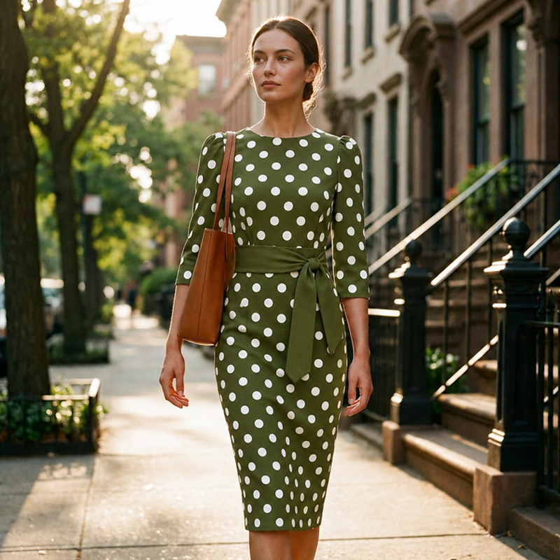 👗🌸 Elegante retro jurk met stippen – tijdloos, vrouwelijk en veelzijdig – perfect voor dagelijks gebruik, op kantoor en speciale gelegenheden.