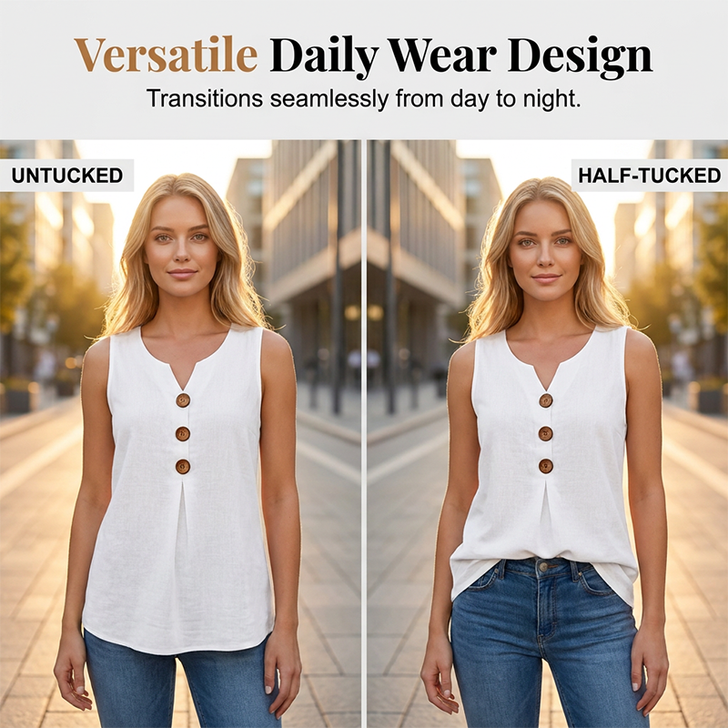 🔥 Tijdelijke aanbieding – mouwloze V-hals top met geplooid design 💃 licht, ademend en flatterend ✨