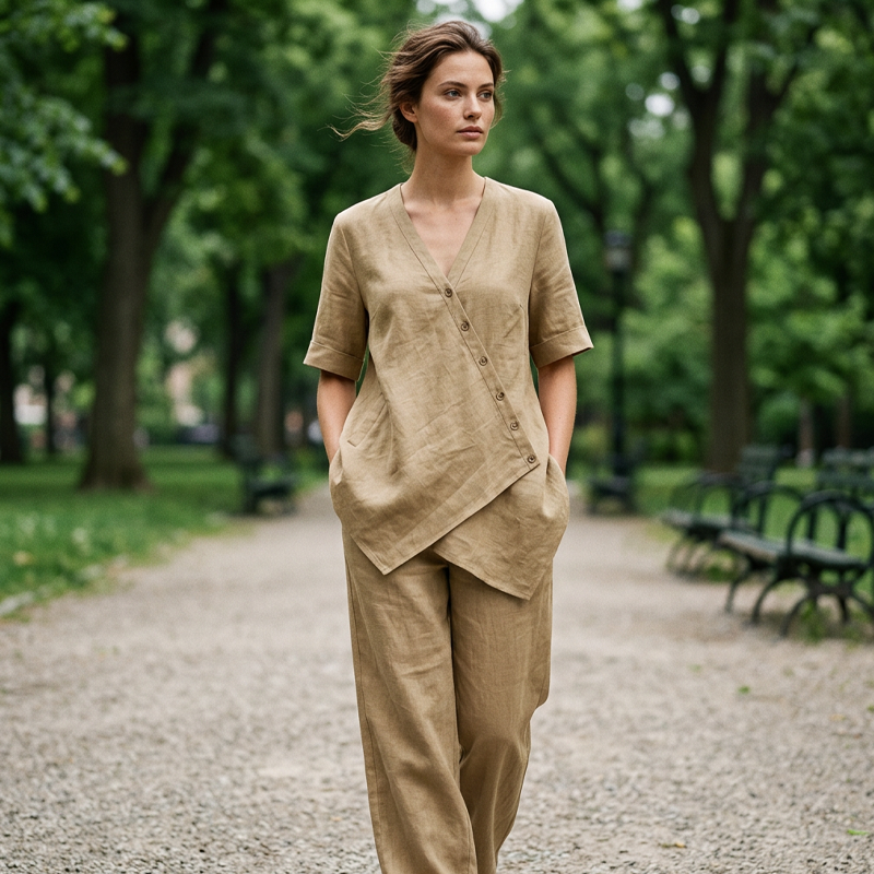 🔥50% KORTING 50K+ VERKOCHT🌿💃Dames asymmetrisch linnen set elastische taille ademend anti-zweet