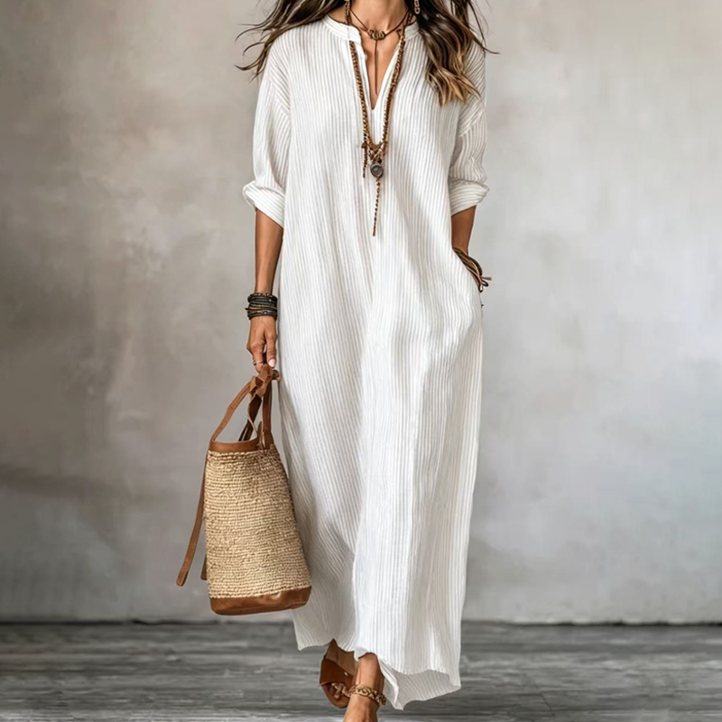 🔥50% KORTING 50K+ VERKOCHT🌊👗Dames gestreepte V-hals maxi jurk licht ademend strand zomerjurk