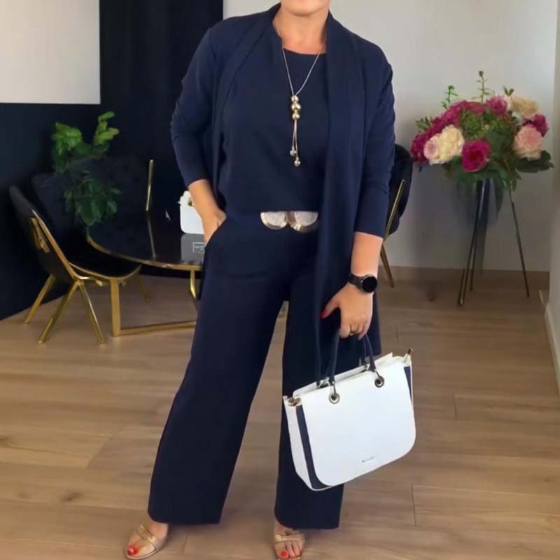 Elegant Lange Cardigan & Top & Broek 3-Delige Set