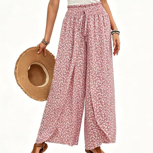 Women's Smocked Waist Wide-Leg Pants with Slit