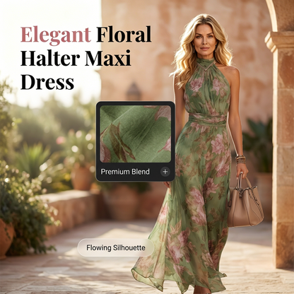 Elegante Bloemenprint Halternek Maxi Jurk