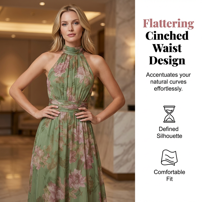 Elegante Bloemenprint Halternek Maxi Jurk