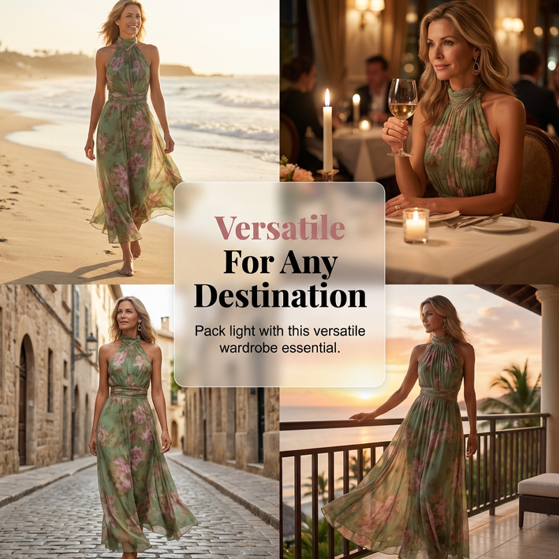 Elegante Bloemenprint Halternek Maxi Jurk
