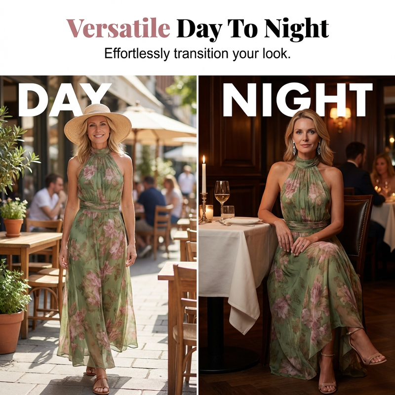 Elegante Bloemenprint Halternek Maxi Jurk