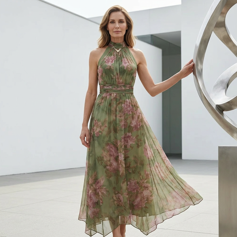 Elegante Bloemenprint Halternek Maxi Jurk