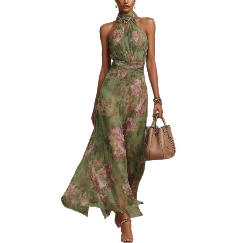 Elegante Bloemenprint Halternek Maxi Jurk
