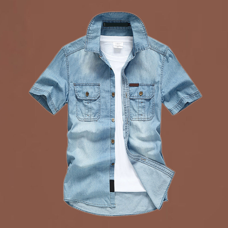 👕 Heren Casual Denim Kortmouw Overhemd | Zomerhit 2026 — Vintage Wash & Dubbele Borstzakken
