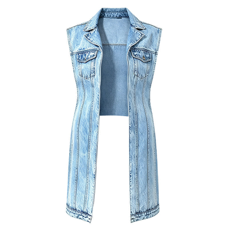 Dames Mouwloze Hoge Split Denim Vestjurk Longline Jeansjasje