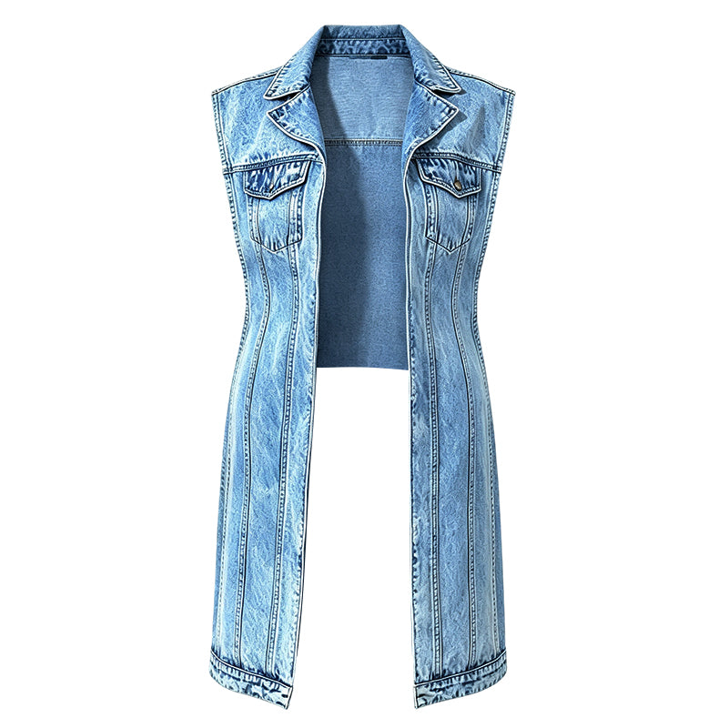Dames Mouwloze Hoge Split Denim Vestjurk Longline Jeansjasje
