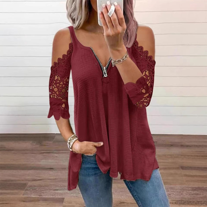 👗 Elegante Dames Top met Kant, Open Schouders & Ritssluiting – Luchtig, Comfortabel & Makkelijk te Combineren ✨