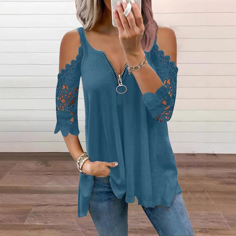 👗 Elegante Dames Top met Kant, Open Schouders & Ritssluiting – Luchtig, Comfortabel & Makkelijk te Combineren ✨