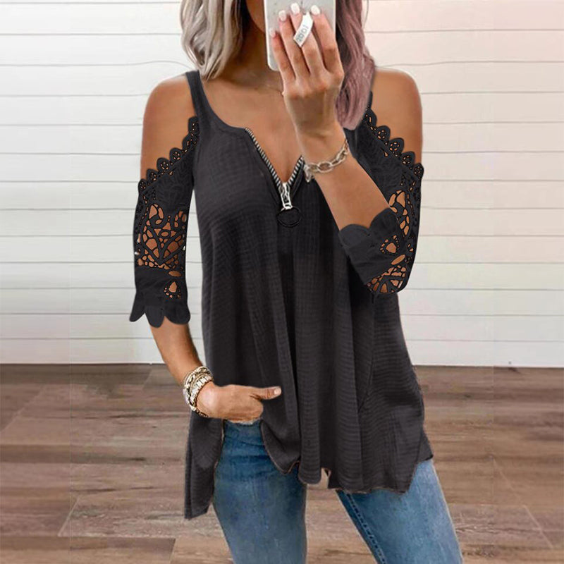👗 Elegante Dames Top met Kant, Open Schouders & Ritssluiting – Luchtig, Comfortabel & Makkelijk te Combineren ✨