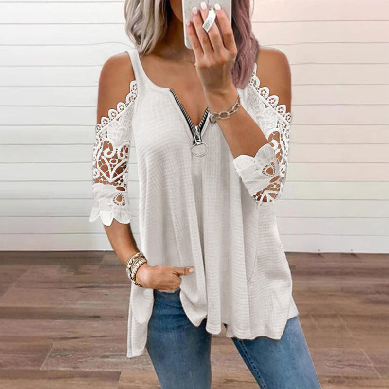 👗 Elegante Dames Top met Kant, Open Schouders & Ritssluiting – Luchtig, Comfortabel & Makkelijk te Combineren ✨