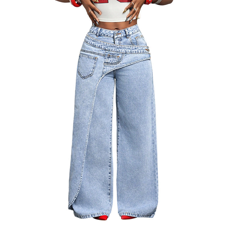 ⏳Tijdelijk Aanbod – Dames Asymmetrische Taille Wijde Pijp Jeans