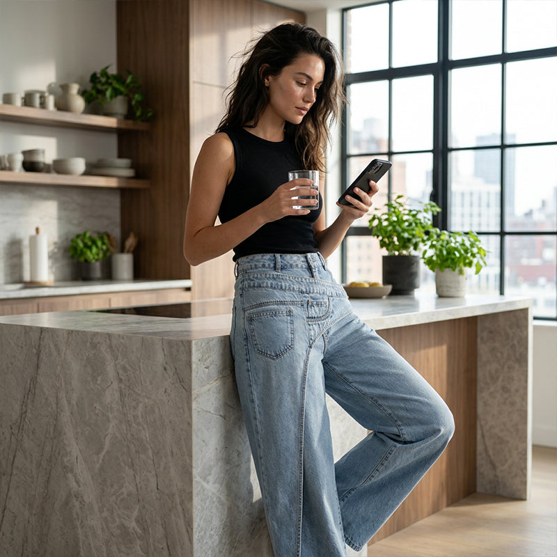 ⏳Tijdelijk Aanbod – Dames Asymmetrische Taille Wijde Pijp Jeans
