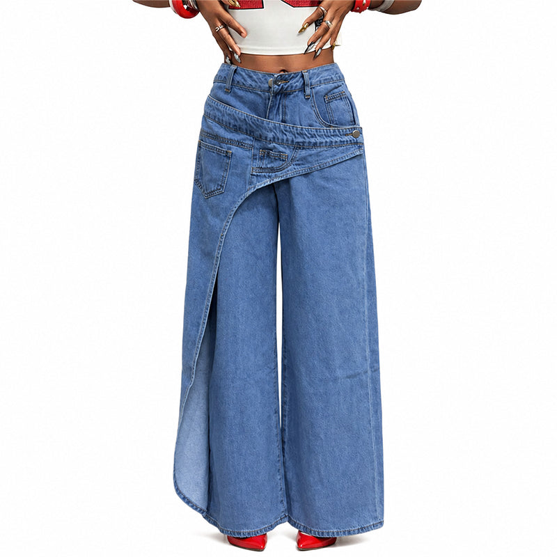 ⏳Tijdelijk Aanbod – Dames Asymmetrische Taille Wijde Pijp Jeans