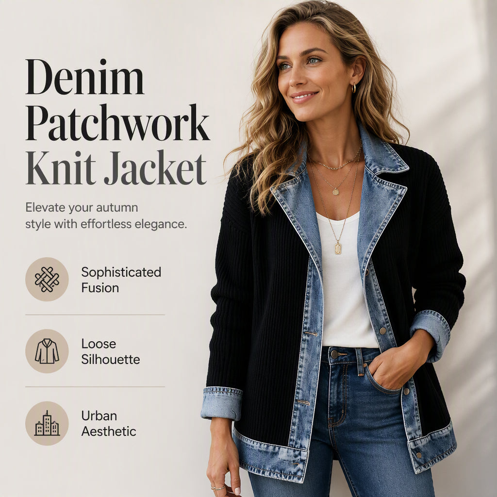 ⌛Tijdelijke aanbieding – Elegante denimjas voor dames met geribbelde brei-inzetstukken
