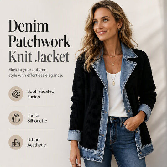 ⌛Tijdelijke aanbieding – Elegante denimjas voor dames met geribbelde brei-inzetstukken