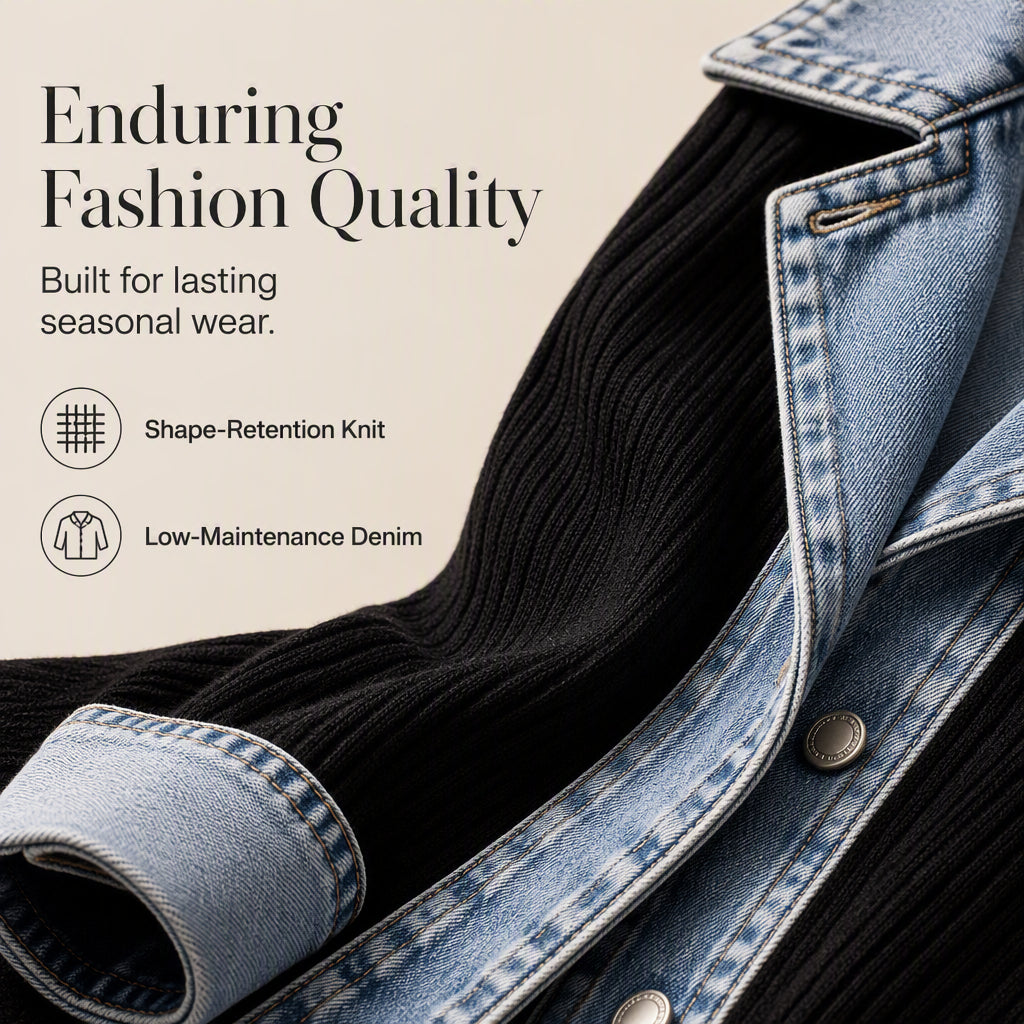 ⌛Tijdelijke aanbieding – Elegante denimjas voor dames met geribbelde brei-inzetstukken