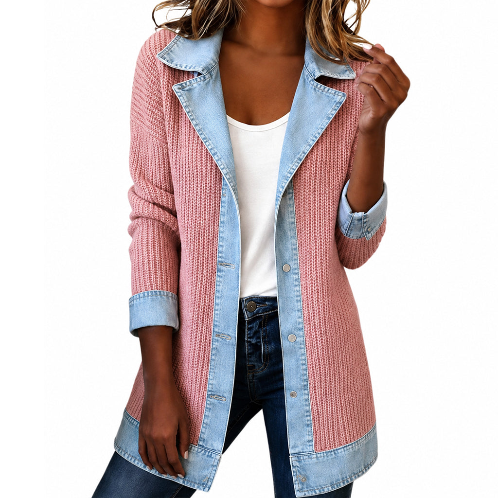 ⌛Tijdelijke aanbieding – Elegante denimjas voor dames met geribbelde brei-inzetstukken