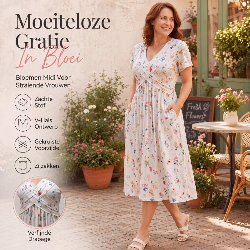 🔥 50% KORTING ✨ Bloemenjurk met V-Hals 👗Damesjurk met V-hals, bloemenprint en gedraaide taille
