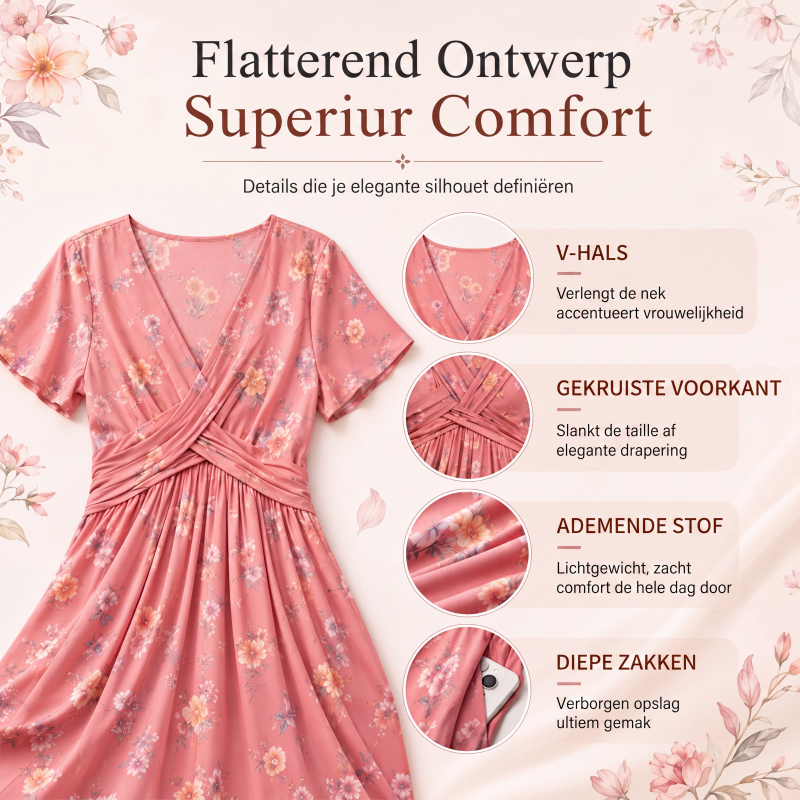 🔥 50% KORTING ✨ Bloemenjurk met V-Hals 👗Damesjurk met V-hals, bloemenprint en gedraaide taille