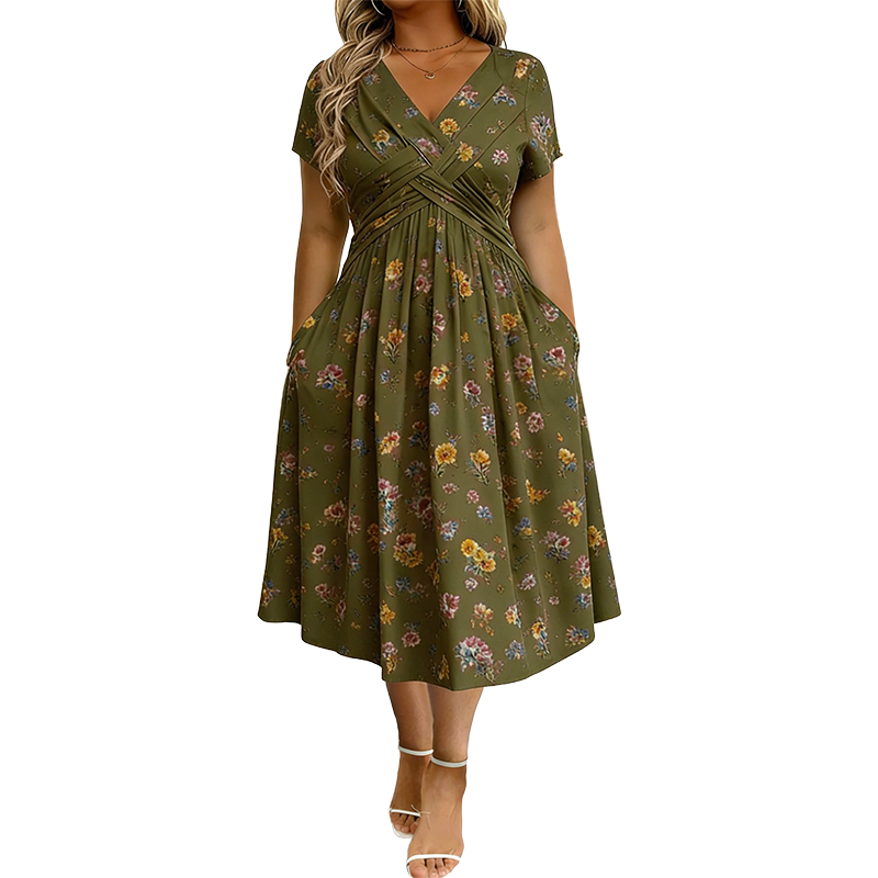 🔥 50% KORTING ✨ Bloemenjurk met V-Hals 👗Damesjurk met V-hals, bloemenprint en gedraaide taille
