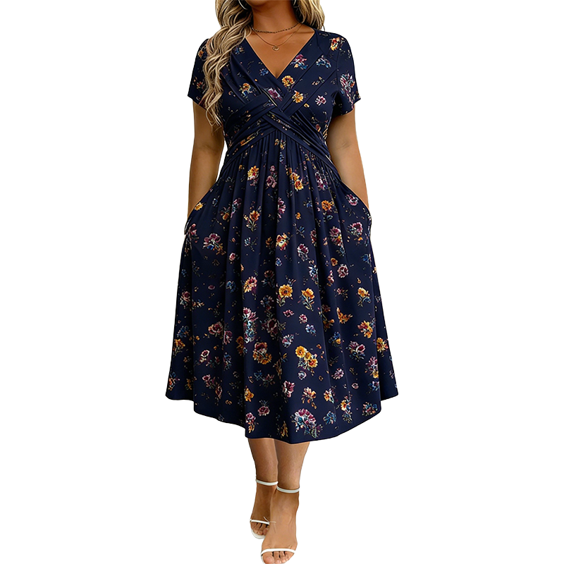 🔥 50% KORTING ✨ Bloemenjurk met V-Hals 👗Damesjurk met V-hals, bloemenprint en gedraaide taille