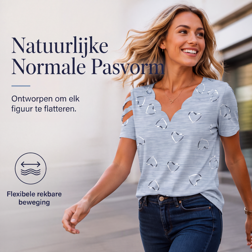 Dames T-shirt met geschulpte V-hals en hartjesprint