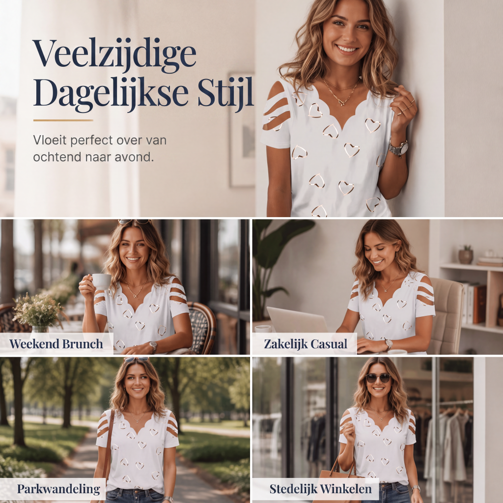 Dames T-shirt met geschulpte V-hals en hartjesprint