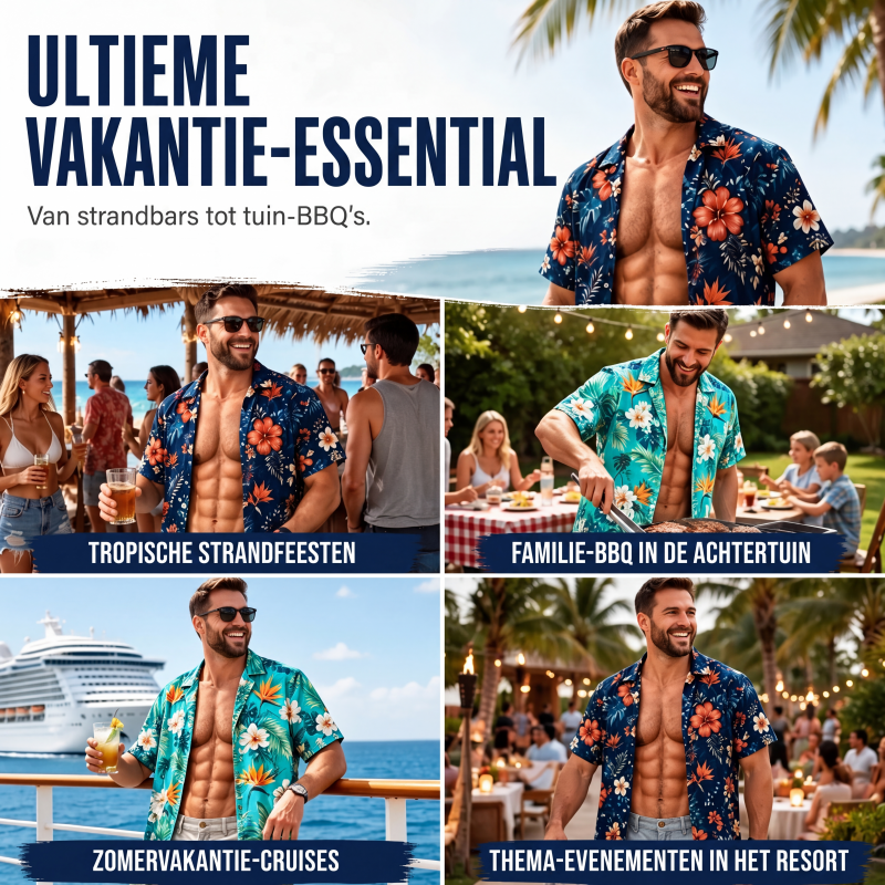 Hawaïaanans overhemd voor heren, tropische bloemenprint, korte mouwen, casual strand blouse met knopen