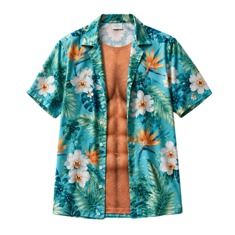 Hawaïaanans overhemd voor heren, tropische bloemenprint, korte mouwen, casual strand blouse met knopen