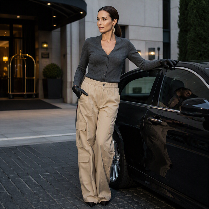 👖Dames hoge taille cargobroek, losvallende rechte pijpen utility broek met zakken