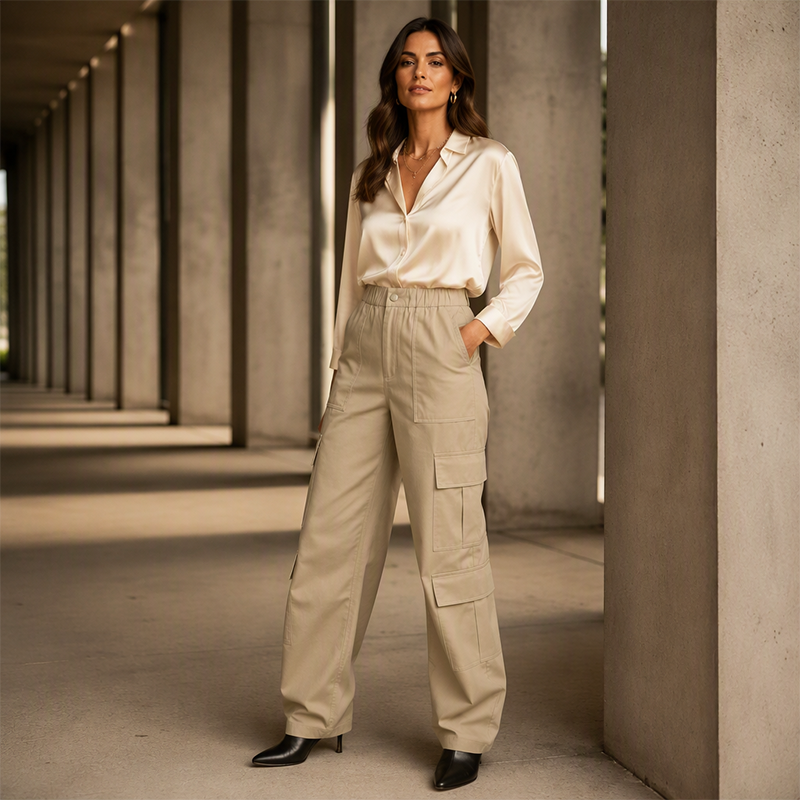 👖Dames hoge taille cargobroek, losvallende rechte pijpen utility broek met zakken