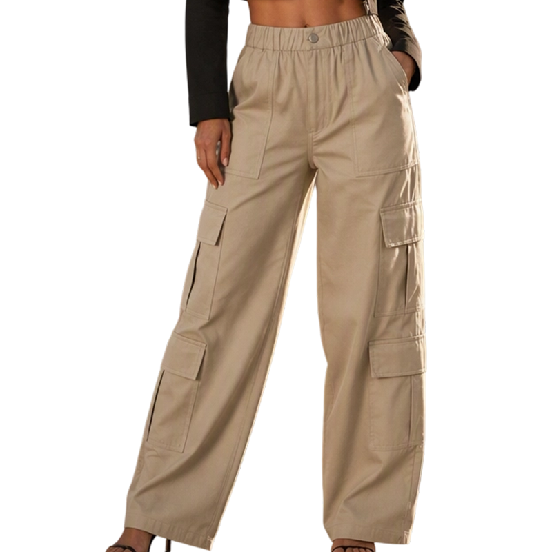 👖Dames hoge taille cargobroek, losvallende rechte pijpen utility broek met zakken