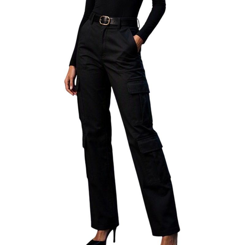 👖Dames hoge taille cargobroek, losvallende rechte pijpen utility broek met zakken