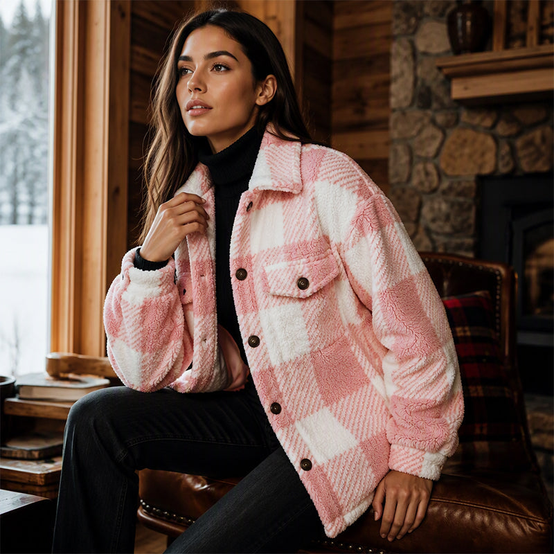 Geruit damesjack met knoopsluiting, comfortabel en warm