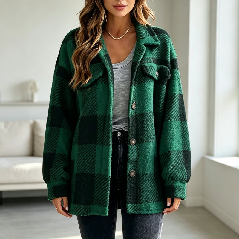 Geruit damesjack met knoopsluiting, comfortabel en warm