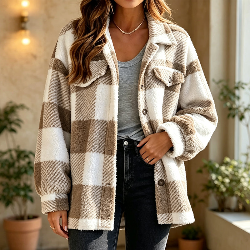 Geruit damesjack met knoopsluiting, comfortabel en warm