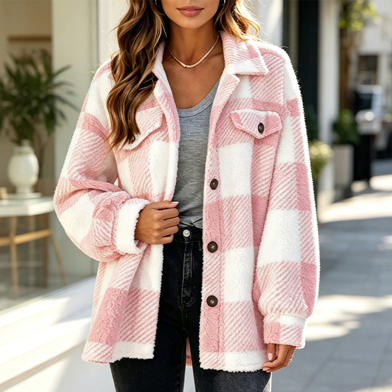 Geruit damesjack met knoopsluiting, comfortabel en warm