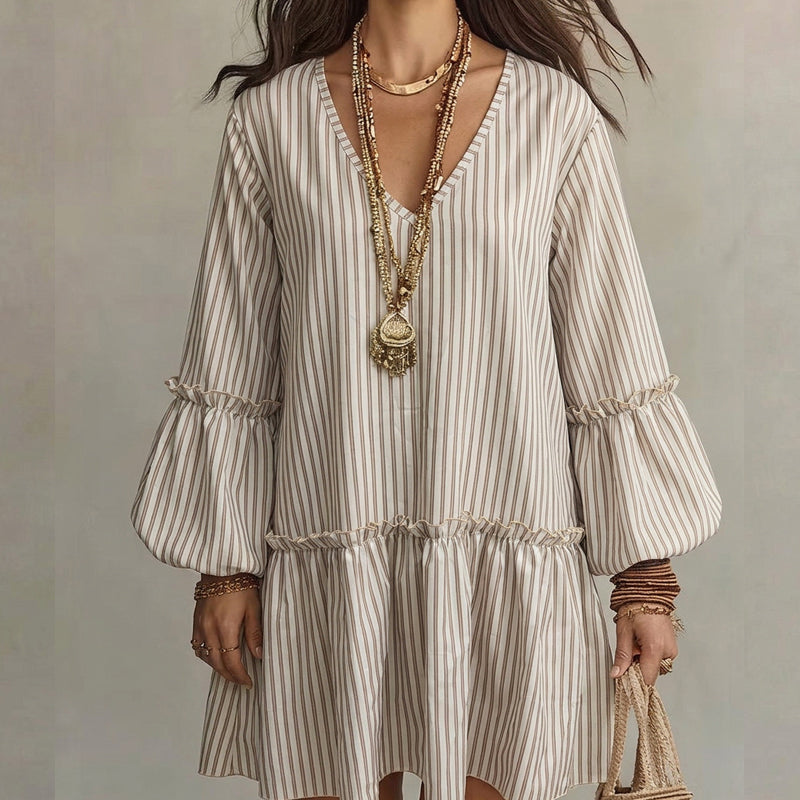 🌸 Nieuwe Collectie 👗 Dames Gestreepte V-hals Jurk – Wijde mouwen, losse pasvorm & ultiem comfort ✨