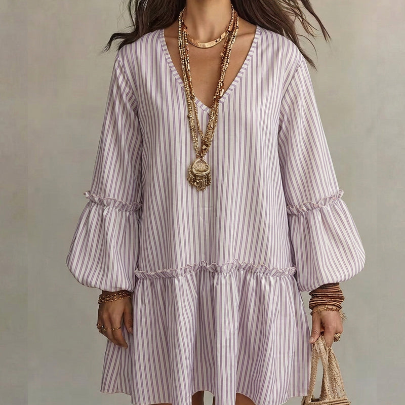 🌸 Nieuwe Collectie 👗 Dames Gestreepte V-hals Jurk – Wijde mouwen, losse pasvorm & ultiem comfort ✨