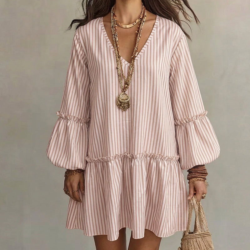 🌸 Nieuwe Collectie 👗 Dames Gestreepte V-hals Jurk – Wijde mouwen, losse pasvorm & ultiem comfort ✨