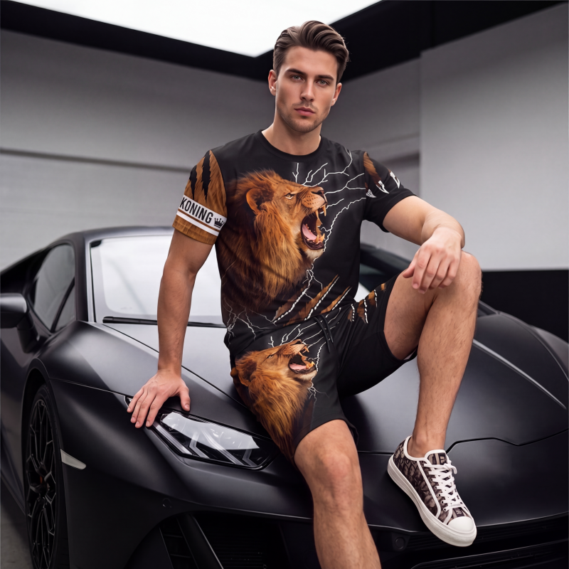 🔥 Nieuw & Trendy 👕 Heren T-shirt & Short Set met Dierenprint – Casual stijl, comfortabel en opvallend design ✨